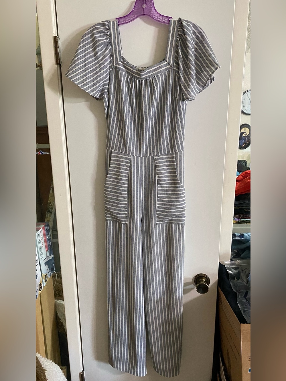Monteau Gray and White Striped Maxi Jumpsuit missing the belt